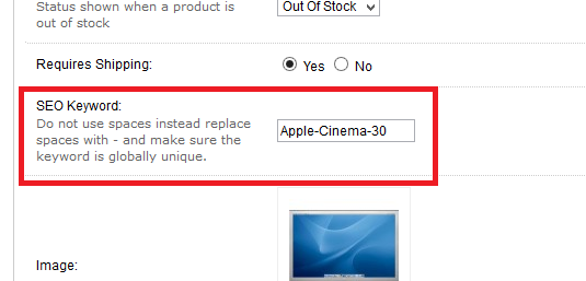 SEO Keyword field in OpenCart product settings for data migration