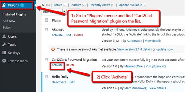 Activating Cart2Cart WooCommerce Passwords Migration Plugin