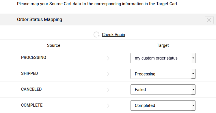 Mapping custom order statuses in the Cart2Cart Migration Wizard