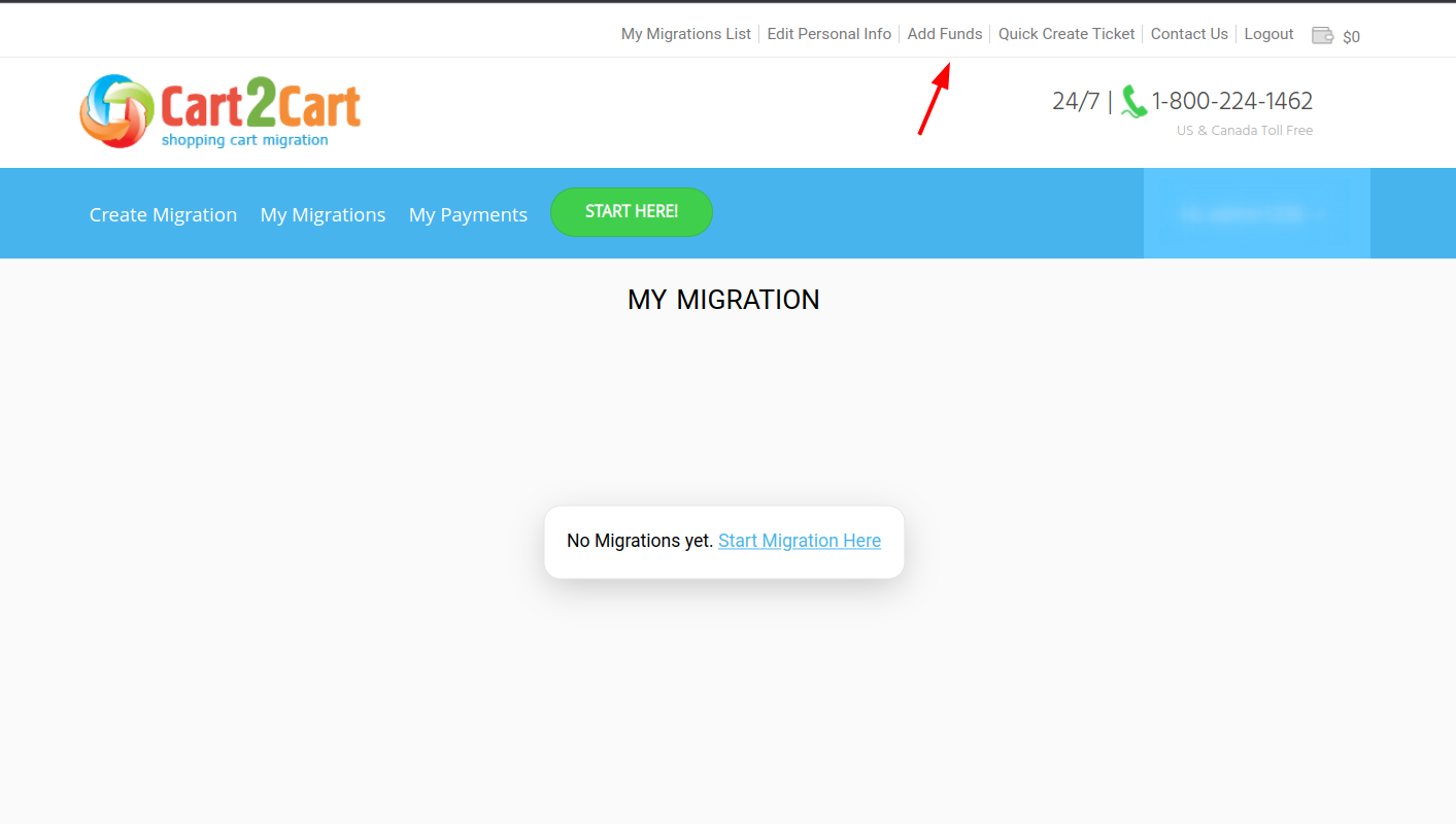 Login to your Cart2Cart account and open the Add Funds page to start your data migration