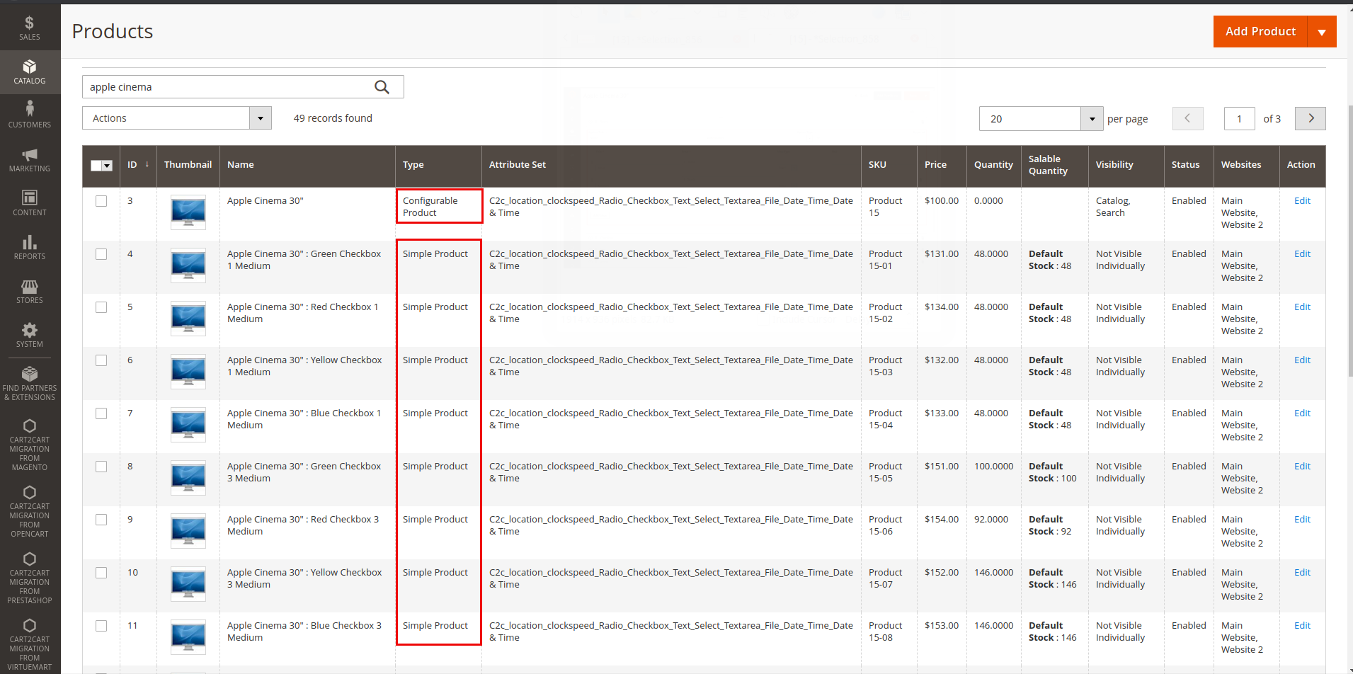 Magento admin panel showing configurable products after data migration with product variants