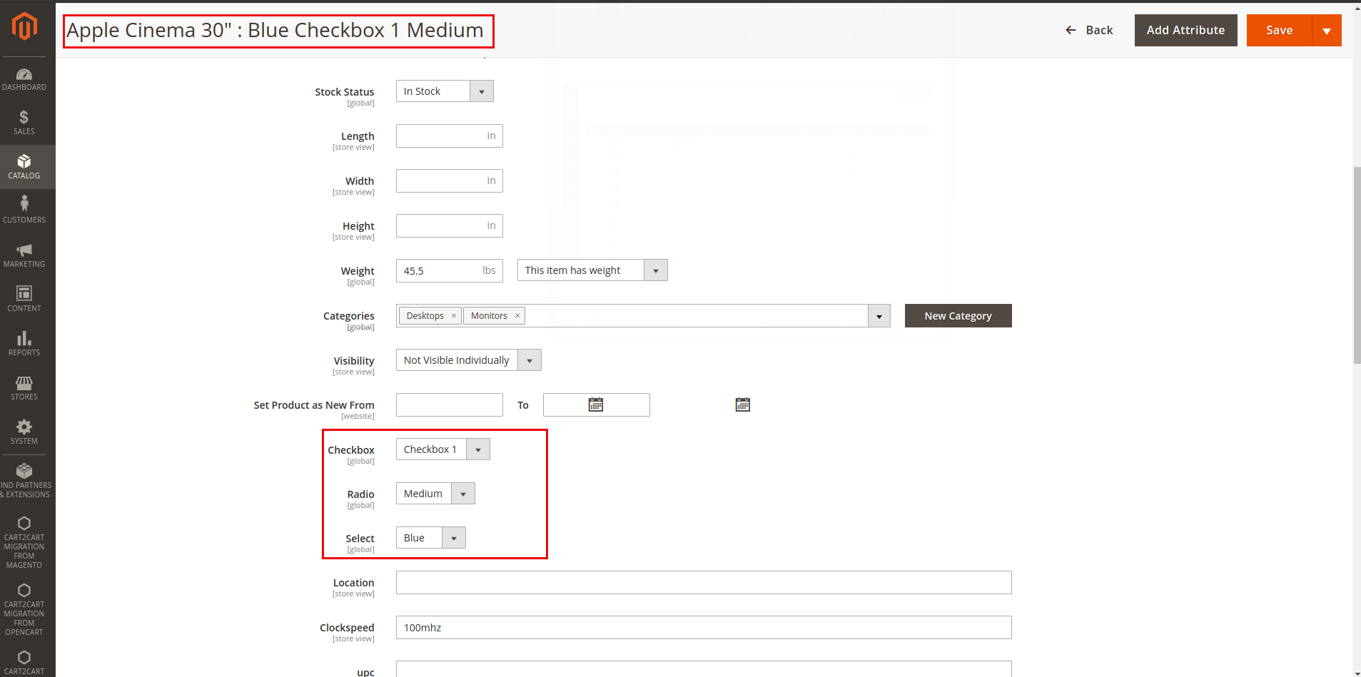 Magento admin panel showing simple products with color variations after data migration