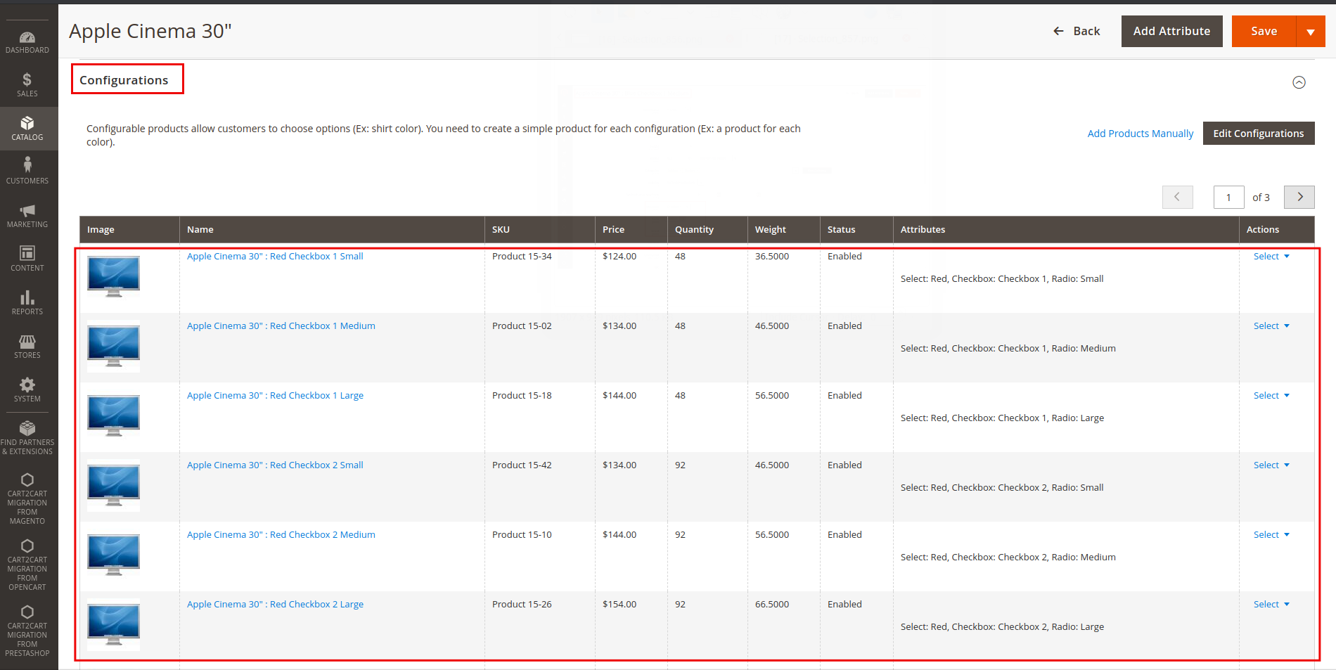 Magento associated products page after data migration showcasing product descriptions for each variant