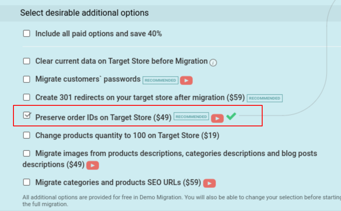 Screenshot of Cart2Cart's Entities Selection screen highlighting the Preserve Order IDs option during shopping cart migration