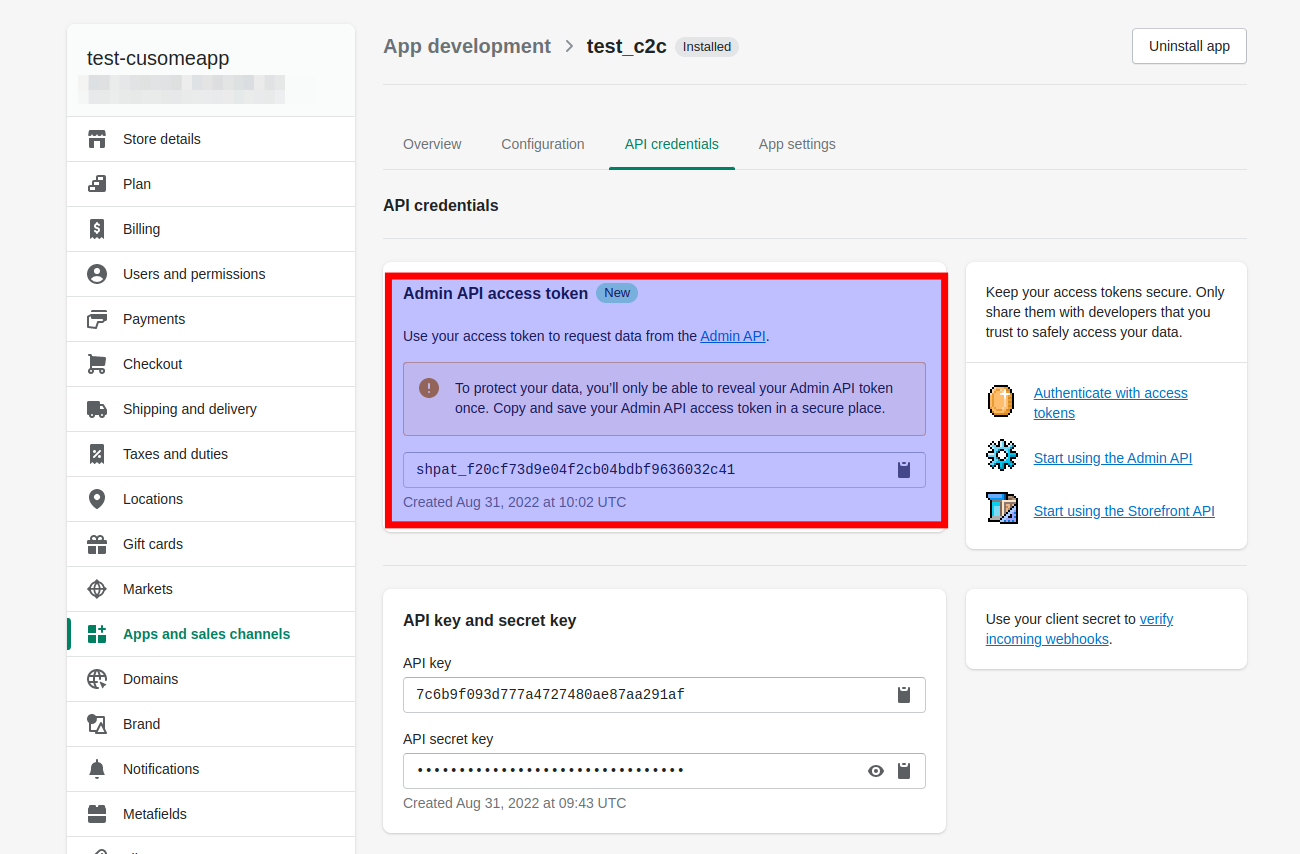 Shopify data migration: Uninstall app to generate new API token