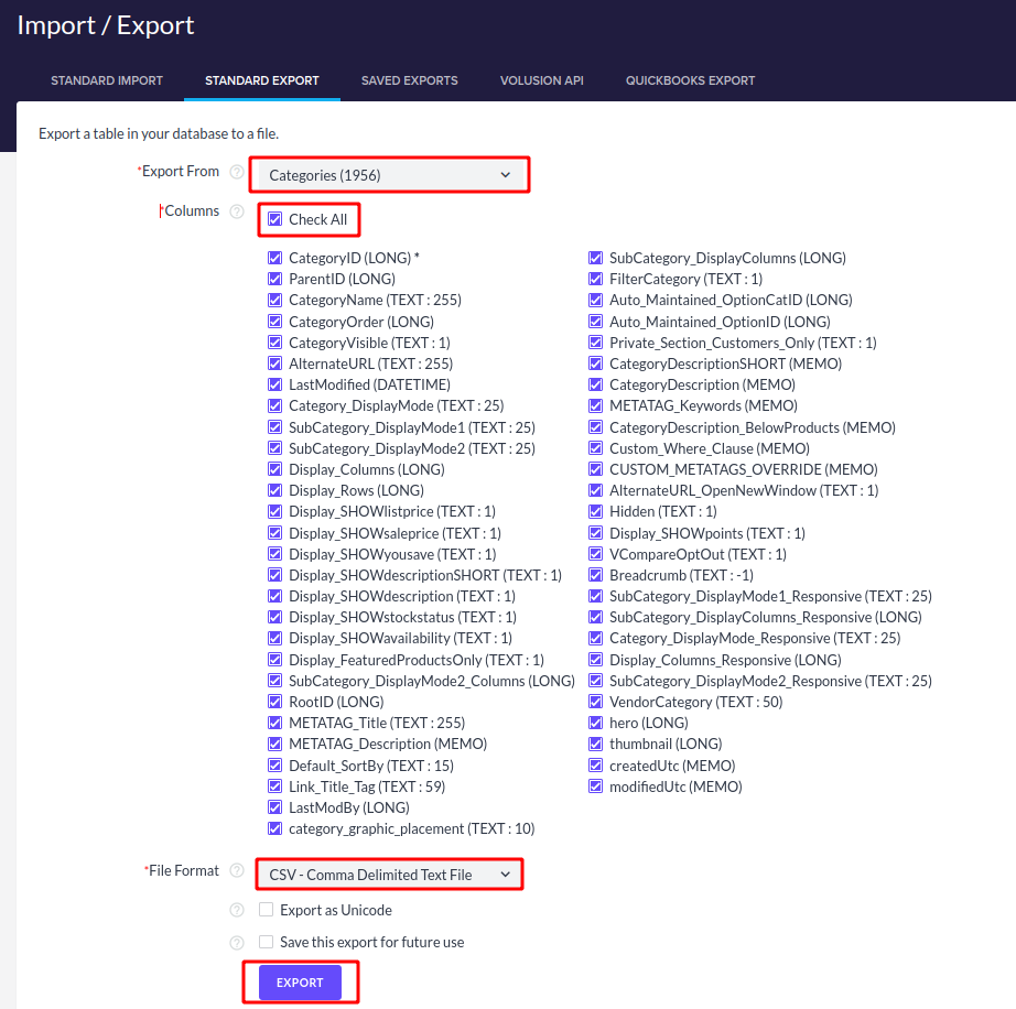 Volusion Export File Format - CSV