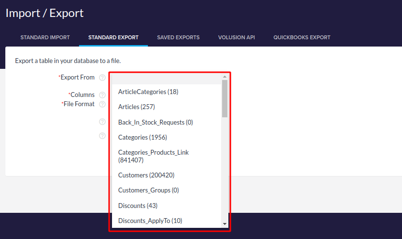 Volusion Standard Export Options
