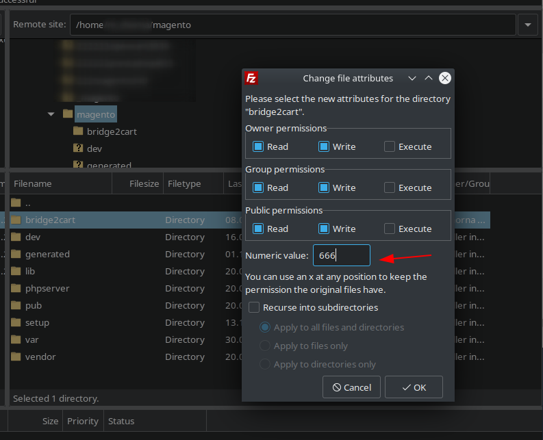 Setting file permissions for bridge.php file