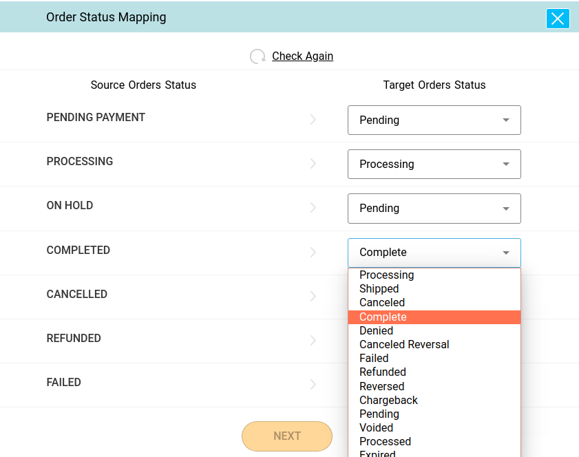 Final Order Status Mapping Screen in Cart2Cart Migration Wizard