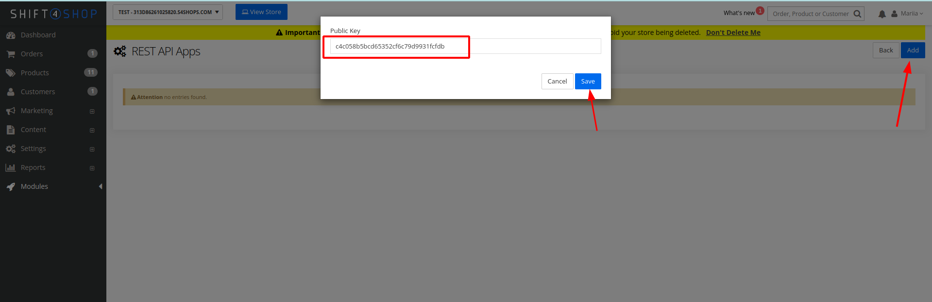 Shift4Shop REST API Settings - Adding Public Key