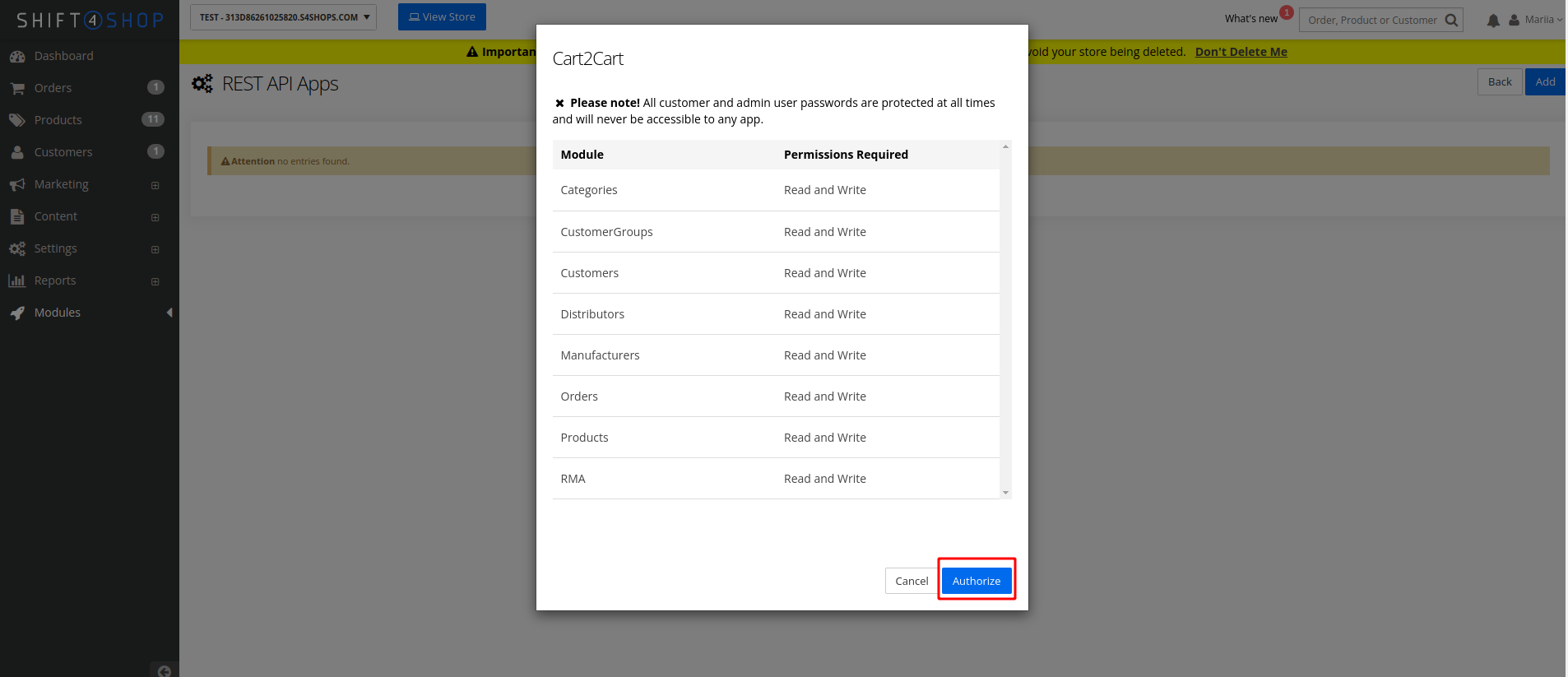 Shift4Shop REST API Authorization for Cart2Cart