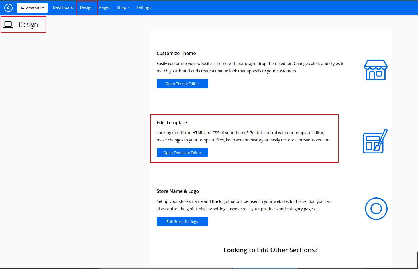 Shift4Shop Template Editor Navigation
