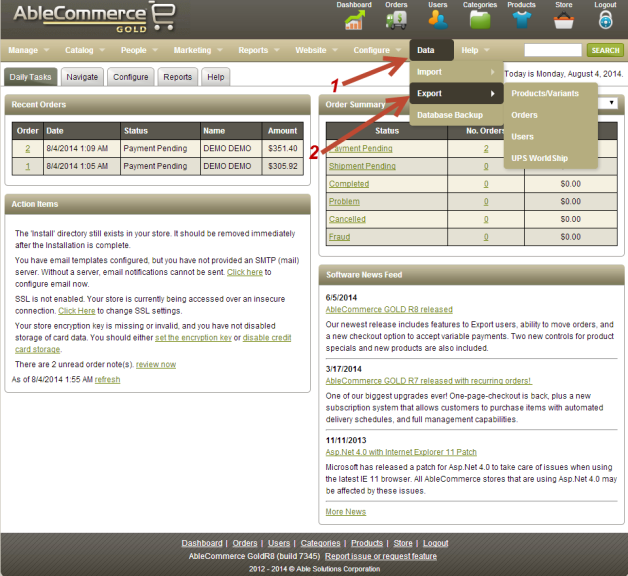 AbleCommerce Admin Panel Export Section