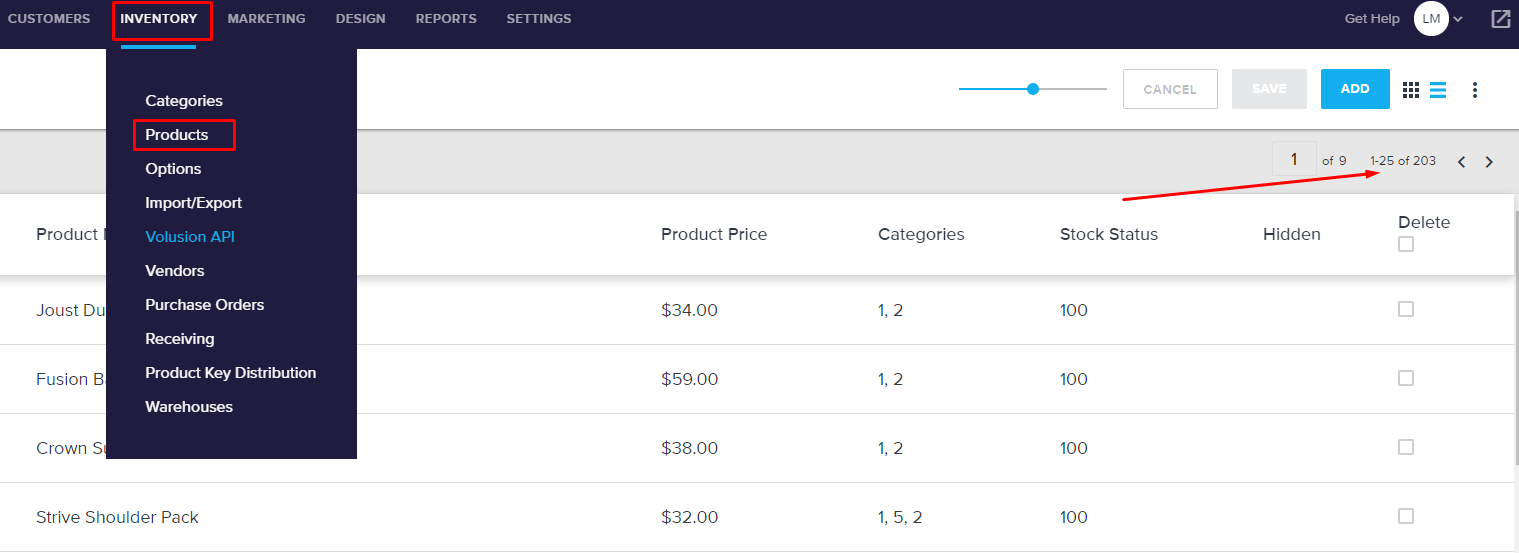 Checking the number of products for Volusion data migration