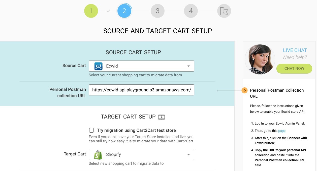 Personal collection URL field in Cart2Cart for Ecwid data migration
