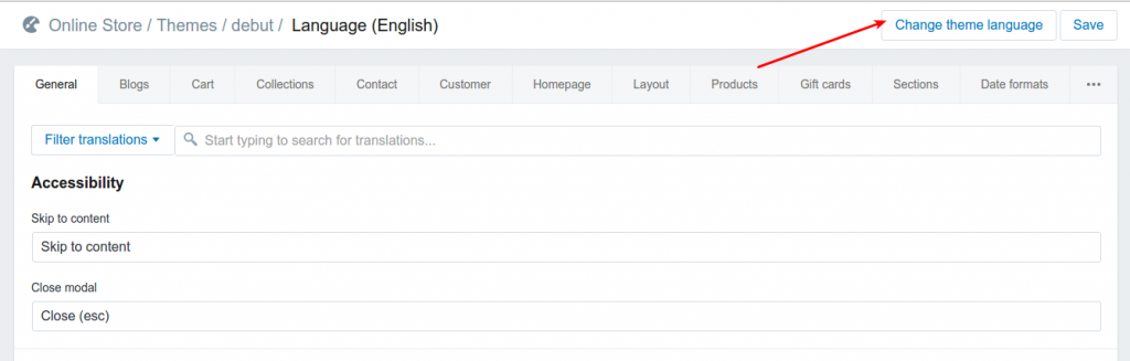 Shopify Change Theme Language Tab