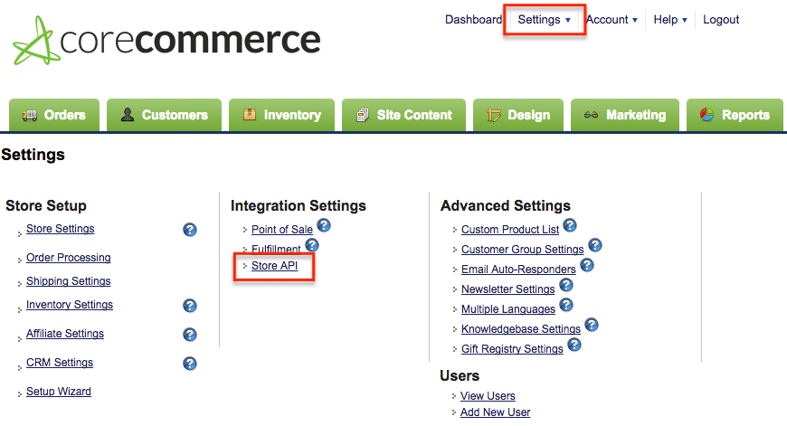 CoreCommerce Settings - Navigate to Store API for data migration
