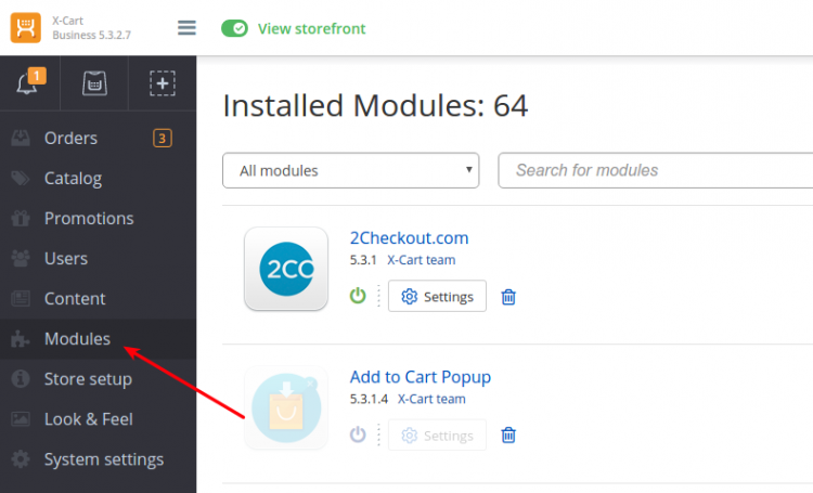 Navigate to Modules in X-Cart Admin Panel