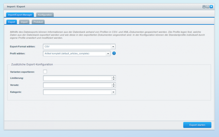 Selecting CSV format for Shopware product export
