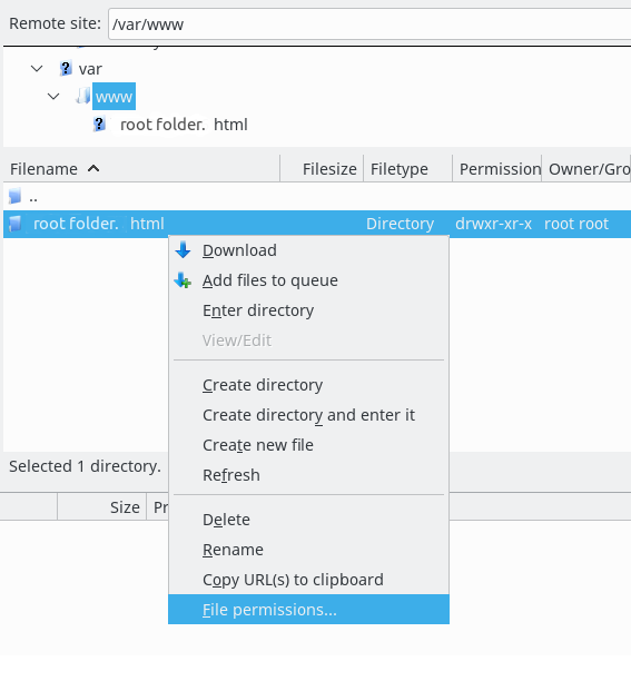 Filezilla file permissions menu for data migration