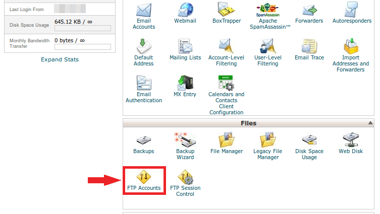 cPanel FTP Accounts Interface for Data Migration