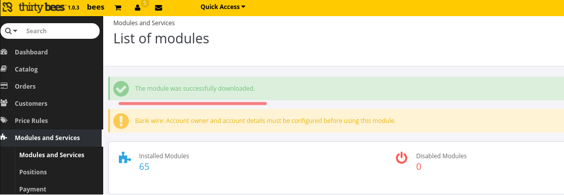 Successful plugin download notification for Thirty Bees password data migration