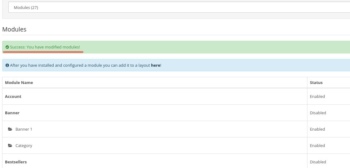 OpenCart Success Message for Module Modification