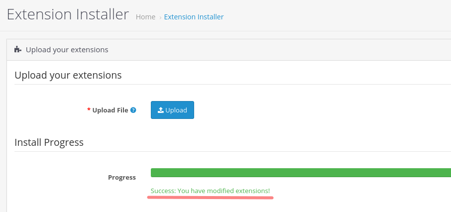 OpenCart Success Message for Extension Installation