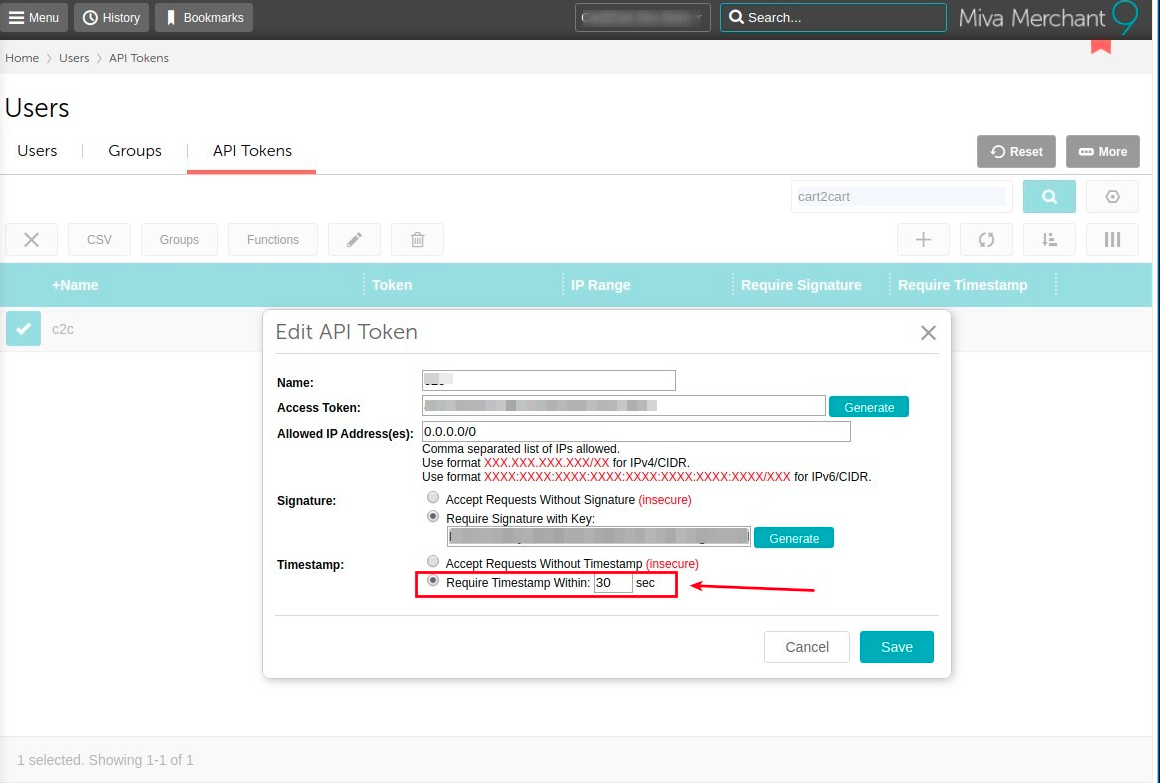 Setting Timestamp and saving the Miva Merchant API token