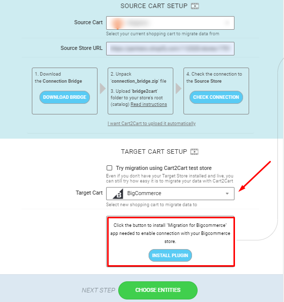 Setting up source and target carts for data migration to BigCommerce