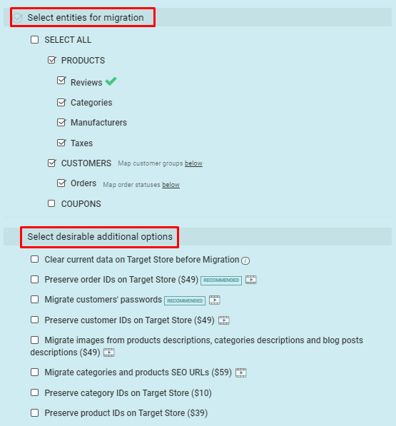 Choosing data migration options for BigCommerce migration