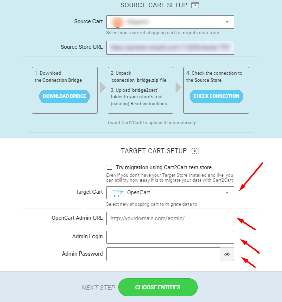 Setting up Source and Target carts for OpenCart data migration with Cart2Cart