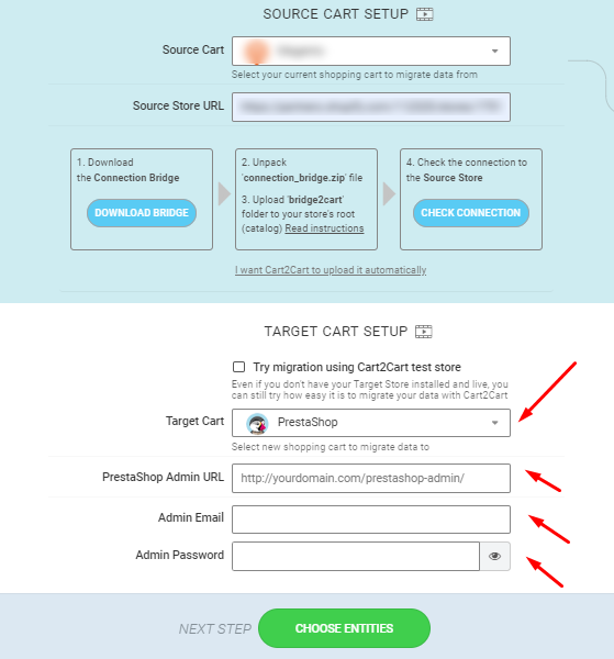 Setting up Source and Target carts for PrestaShop data migration in Cart2Cart