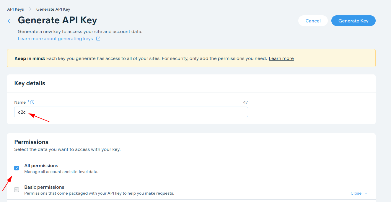 Wix API Key Generation Step 1