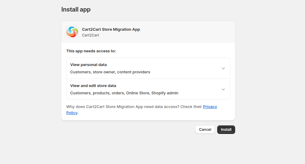 Installing Cart2Cart app for Shopify data migration