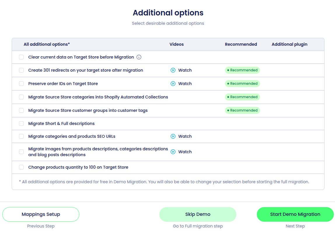 Selecting additional options for Shopify data migration