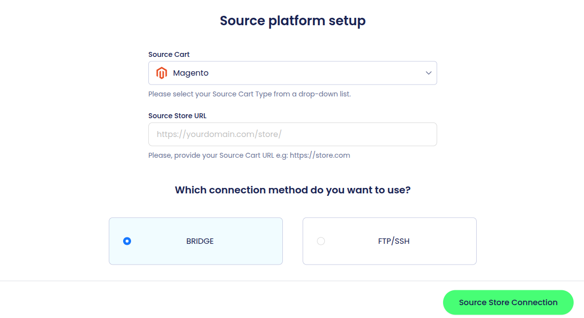 Source cart setup for Shopify data migration