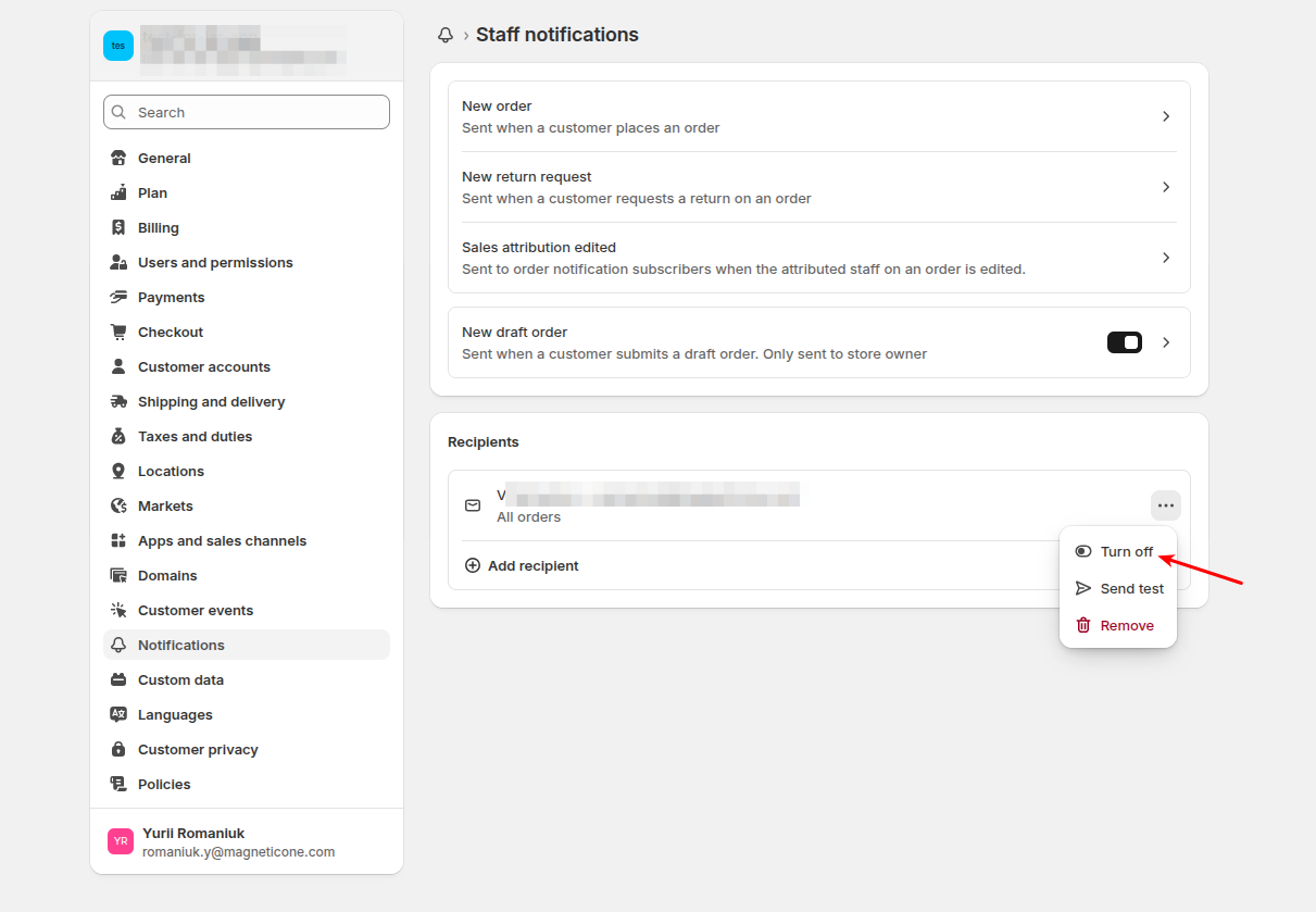 Disable Shopify order notifications after data migration