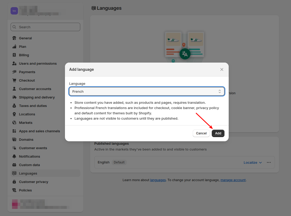 Selecting language to add in Shopify for data migration