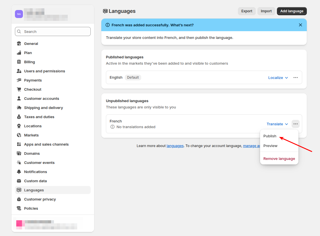 Publishing added language in Shopify for data migration