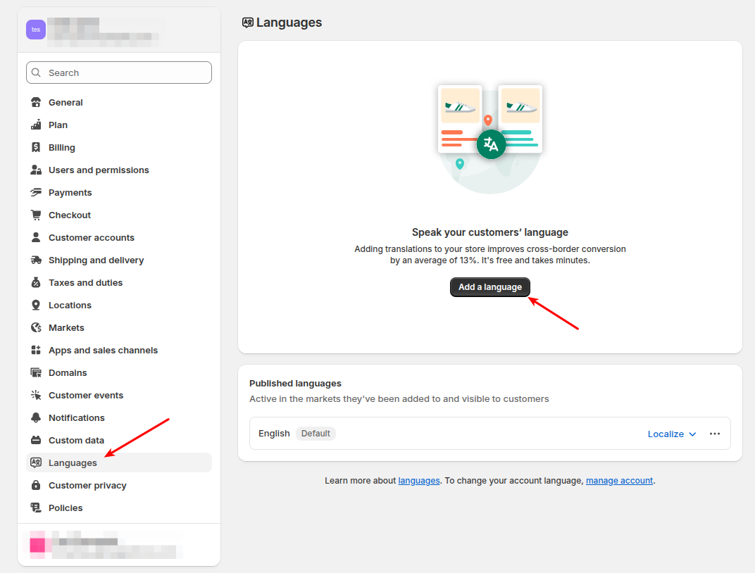 Adding languages in Shopify settings for data migration