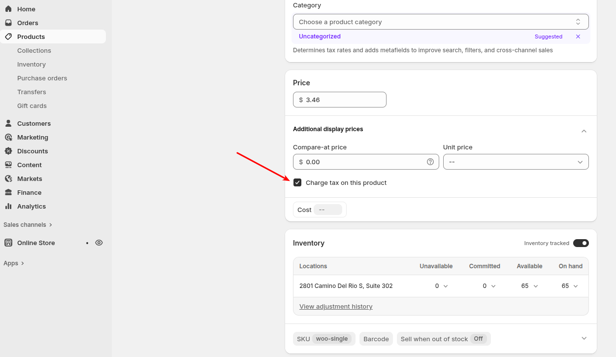 Charge taxes on this product option in Shopify dashboard - Shopping Cart Migration