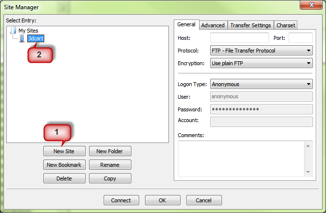 Create and name a new site Create and name a new site in FileZilla for 3DCart data migration