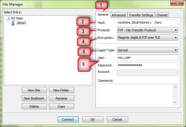 Set up a new connection. Set up a new FTP connection in FileZilla for eCommerce data migration to 3DCart