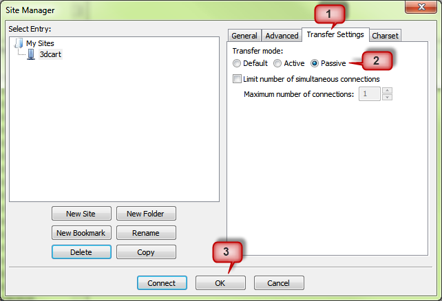 Choose Transfer mode Choose Passive Transfer mode in FileZilla for 3DCart data migration