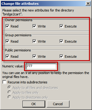 Change Attributes FTP client showing CHMOD attributes set for data migration