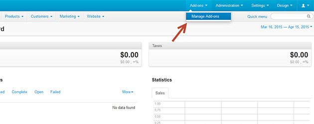 Navigate to Add-ons in CS-Cart admin panel for reward points migration