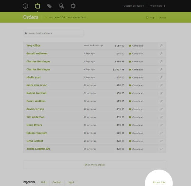 Export CSV button in Big Cartel for order data migration