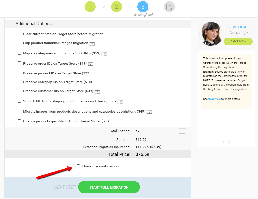 Redeeming your data migration coupon code in the Cart2Cart Migration Wizard