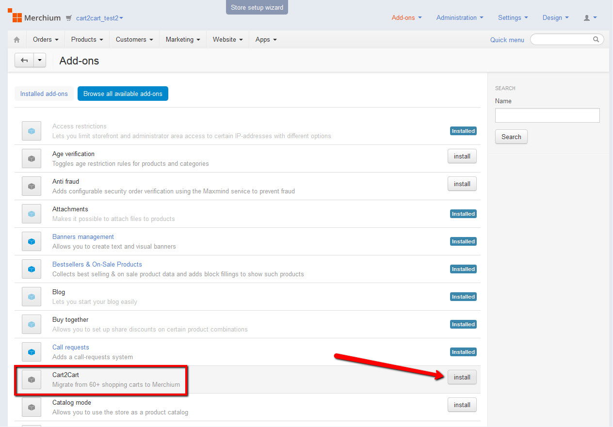 Install Cart2Cart add-on in Merchium